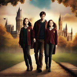 A high-quality movie poster-style digital art image featuring Harry Potter, Ron, and Hermione as Hogwarts professors, with their children as students