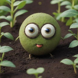 A charming, anthropomorphic seed engaging in conversation, partially buried in rich, fertile soil. Its eyes twinkle with wisdom and excitement, as it imparts the secrets of nature, set against a green and blooming garden.