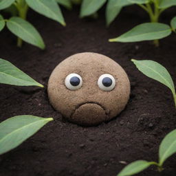 An anthropomorphic seed in the soil, its features conveying a sense of sadness. Its downturned eyes and frown suggest loneliness or despair, offering a strong contrast to the vibrant greenery that surrounds it in its garden home.