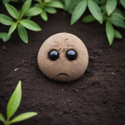 An anthropomorphic seed in the soil, its features conveying a sense of sadness. Its downturned eyes and frown suggest loneliness or despair, offering a strong contrast to the vibrant greenery that surrounds it in its garden home.