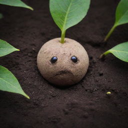 An anthropomorphic seed in the soil, its features conveying a sense of sadness. Its downturned eyes and frown suggest loneliness or despair, offering a strong contrast to the vibrant greenery that surrounds it in its garden home.