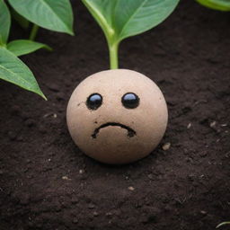 An anthropomorphic seed in the soil, its features conveying a sense of sadness. Its downturned eyes and frown suggest loneliness or despair, offering a strong contrast to the vibrant greenery that surrounds it in its garden home.