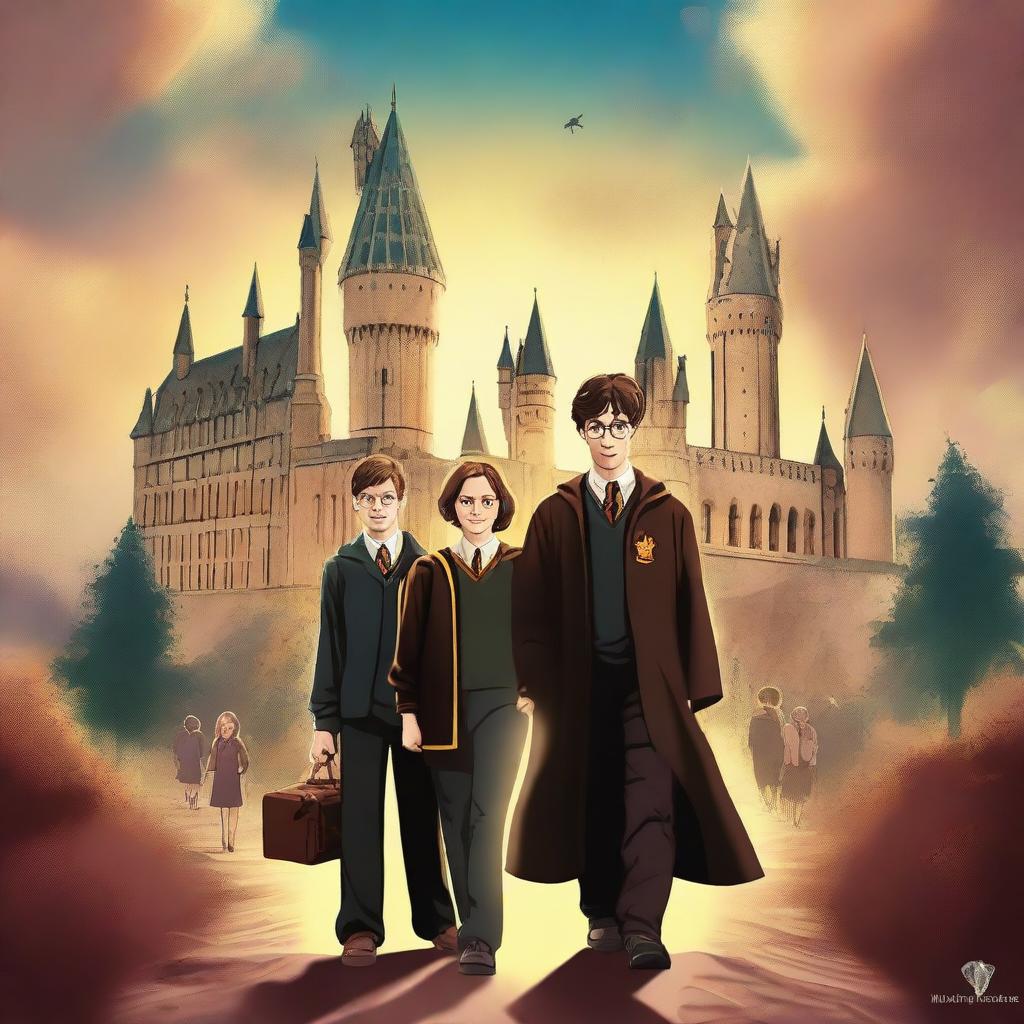 A top-notch digital art image in the style of a movie poster, presenting an older Harry Potter, Ron, and Hermione as professors at Hogwarts, with their children as students