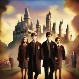 A top-notch digital art image in the style of a movie poster, presenting an older Harry Potter, Ron, and Hermione as professors at Hogwarts, with their children as students