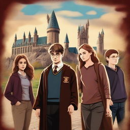 A top-notch digital art image in the style of a movie poster, presenting an older Harry Potter, Ron, and Hermione as professors at Hogwarts, with their children as students