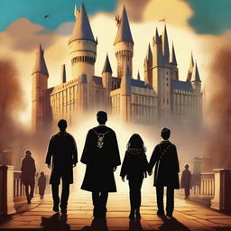 A top-notch digital art image in the style of a movie poster, presenting an older Harry Potter, Ron, and Hermione as professors at Hogwarts, with their children as students