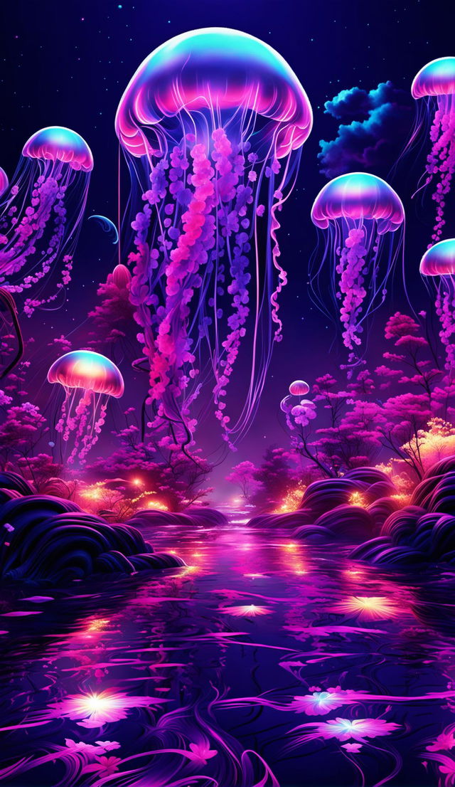 Hyperrealistic surreal landscape with floating jellyfish and abundant nature in a cyberpunk colour style.