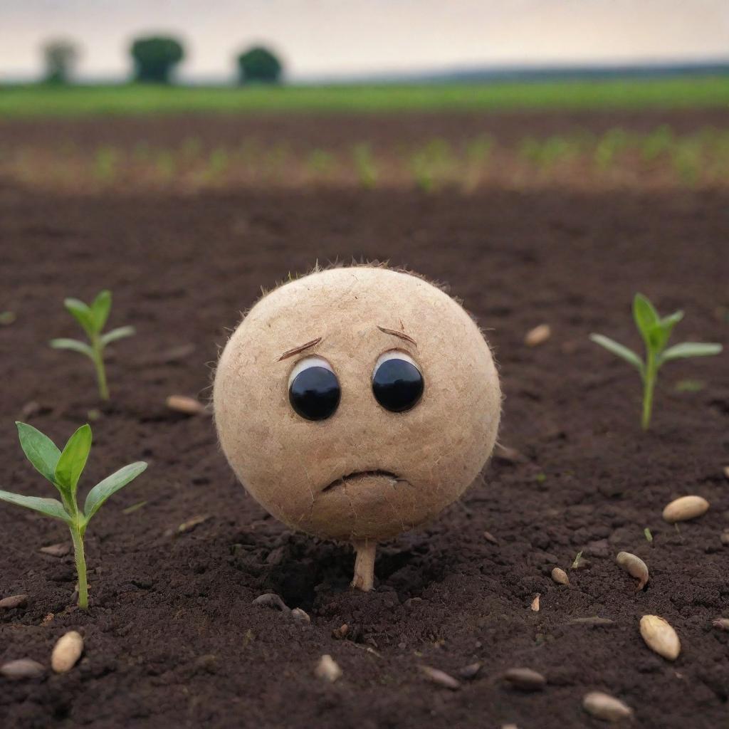 A talking seed displaying sadness, nestled in rich loamy soil. Its downturned mouth and tear-filled eyes emit a poignant charm. Flanked by a flourishing landscape that contrasts the seed's emotional state.