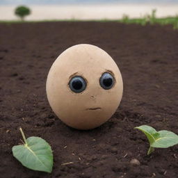 A talking seed displaying sadness, nestled in rich loamy soil. Its downturned mouth and tear-filled eyes emit a poignant charm. Flanked by a flourishing landscape that contrasts the seed's emotional state.