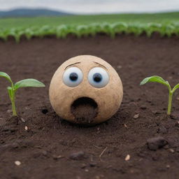 A talking seed displaying sadness, nestled in rich loamy soil. Its downturned mouth and tear-filled eyes emit a poignant charm. Flanked by a flourishing landscape that contrasts the seed's emotional state.