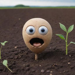 A talking seed displaying sadness, nestled in rich loamy soil. Its downturned mouth and tear-filled eyes emit a poignant charm. Flanked by a flourishing landscape that contrasts the seed's emotional state.