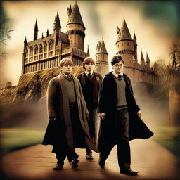 A high-resolution digital art image, designed in the style of a movie poster, showcasing an aged Harry Potter, Ron, and Hermione as professors at Hogwarts