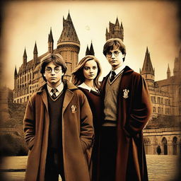 A high-resolution digital art image, designed in the style of a movie poster, showcasing an aged Harry Potter, Ron, and Hermione as professors at Hogwarts