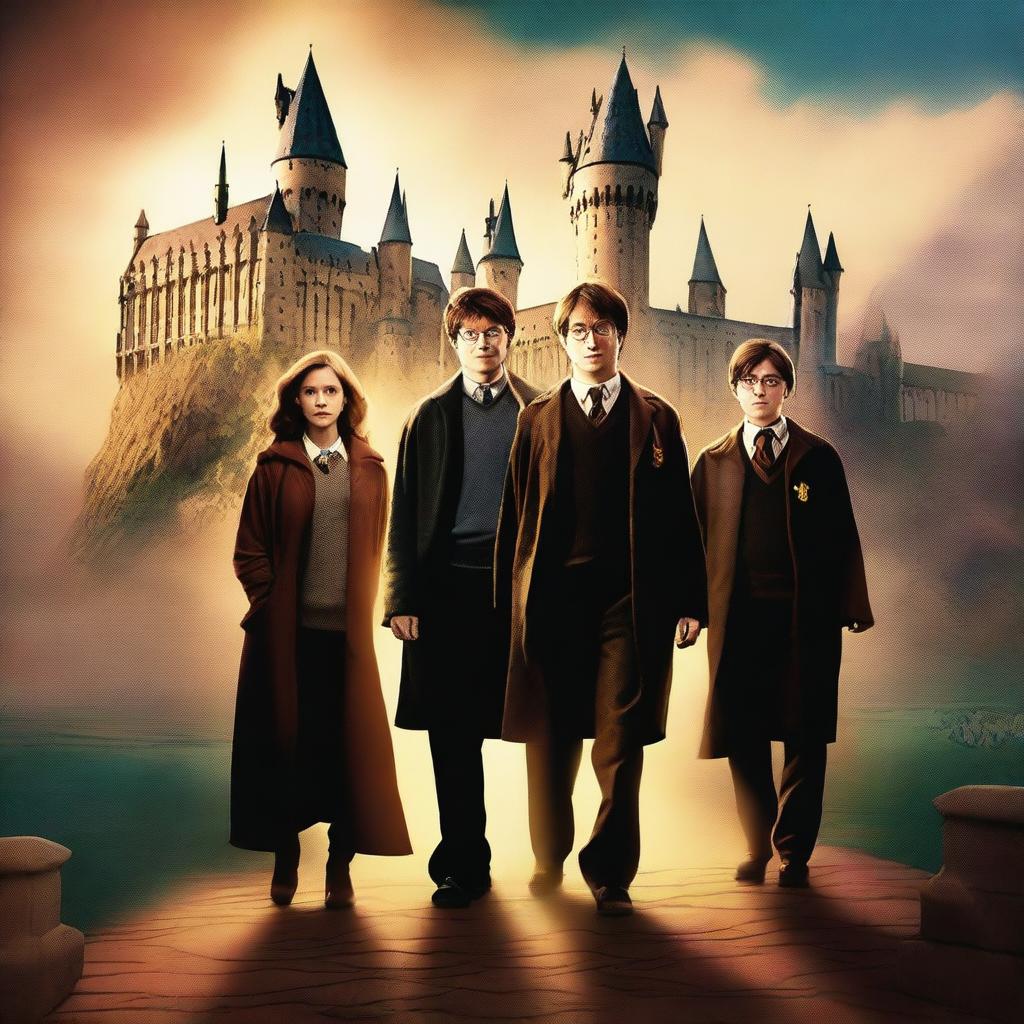 A high-resolution digital art image, designed in the style of a movie poster, showcasing an aged Harry Potter, Ron, and Hermione as professors at Hogwarts