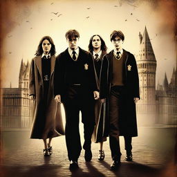 A high-resolution digital art image, designed in the style of a movie poster, showcasing an aged Harry Potter, Ron, and Hermione as professors at Hogwarts