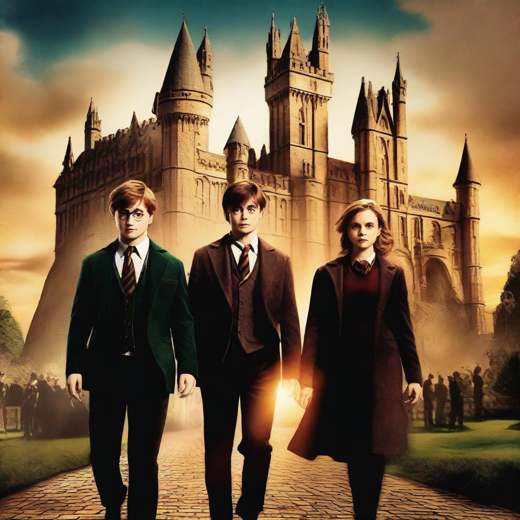 An exceptional digital art image designed as a movie poster, featuring Daniel Radcliffe, Emma Watson, and Rupert Grint as professors at Hogwarts