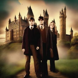 An exceptional digital art image designed as a movie poster, featuring Daniel Radcliffe, Emma Watson, and Rupert Grint as professors at Hogwarts