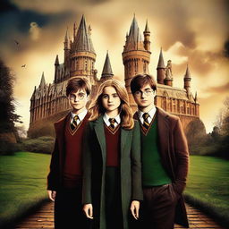 An exceptional digital art image designed as a movie poster, featuring Daniel Radcliffe, Emma Watson, and Rupert Grint as professors at Hogwarts