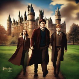 An exceptional digital art image designed as a movie poster, featuring Daniel Radcliffe, Emma Watson, and Rupert Grint as professors at Hogwarts