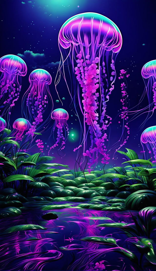 Hyperrealistic surreal landscape with floating jellyfish and abundant green nature in a cyberpunk colour style.