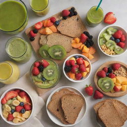 A colorful display of a healthy morning breakfast spread consisting of fresh fruits, cereals, green juice, and whole grain toast.