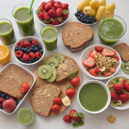 A colorful display of a healthy morning breakfast spread consisting of fresh fruits, cereals, green juice, and whole grain toast.