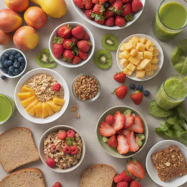 A colorful display of a healthy morning breakfast spread consisting of fresh fruits, cereals, green juice, and whole grain toast.