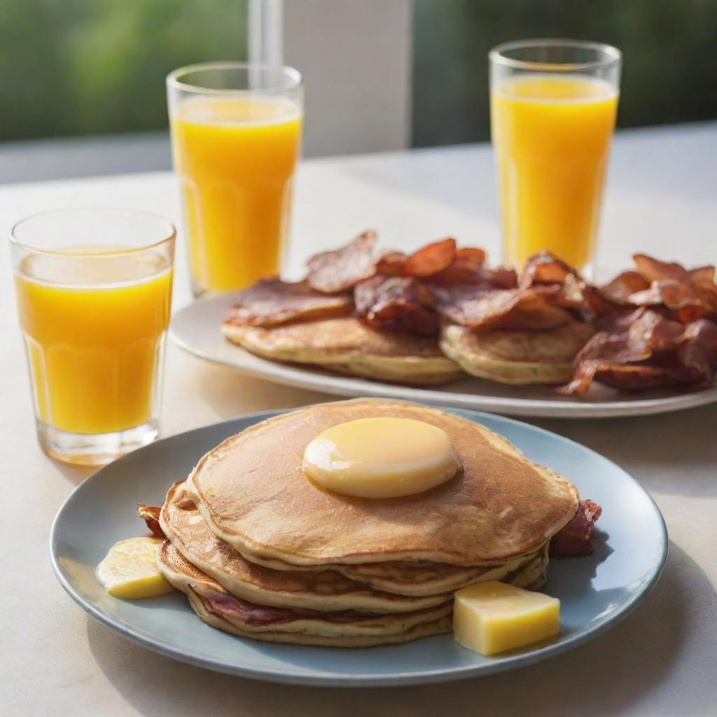 A platter with freshly cooked pancakes, scrambled eggs, bacon, and a glass of orange juice in the morning sunlight.