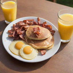 A platter with freshly cooked pancakes, scrambled eggs, bacon, and a glass of orange juice in the morning sunlight.