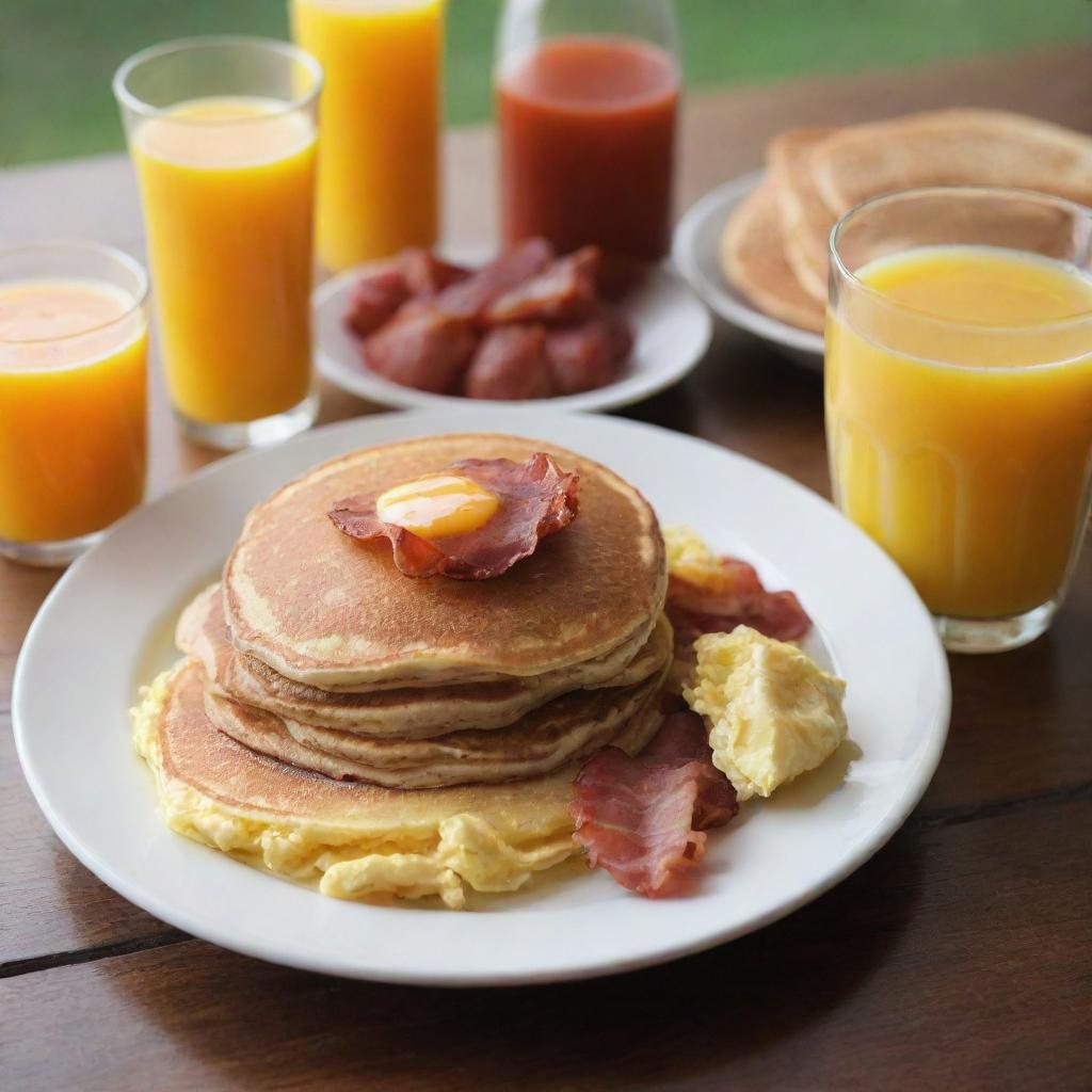 A platter with freshly cooked pancakes, scrambled eggs, bacon, and a glass of orange juice in the morning sunlight.