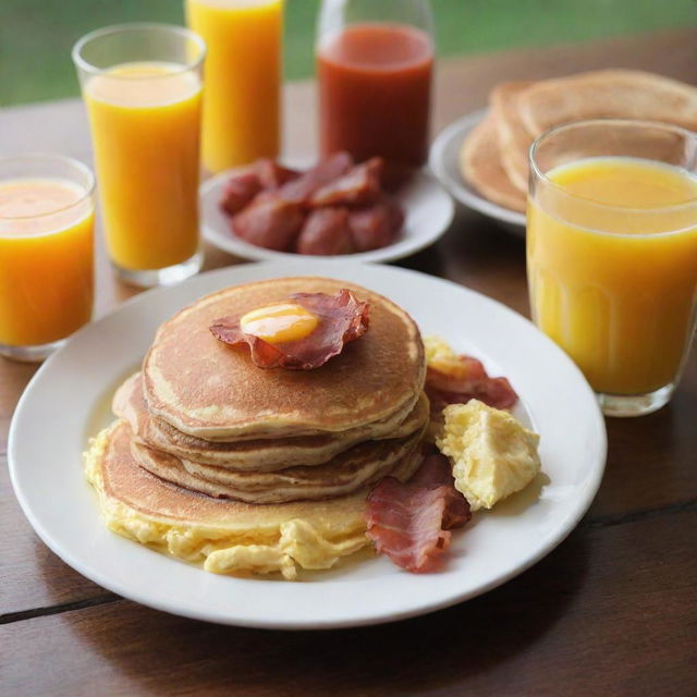 A platter with freshly cooked pancakes, scrambled eggs, bacon, and a glass of orange juice in the morning sunlight.