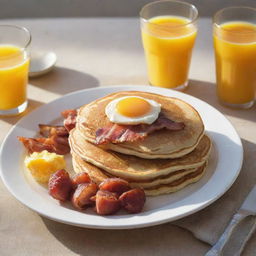 A platter with freshly cooked pancakes, scrambled eggs, bacon, and a glass of orange juice in the morning sunlight.