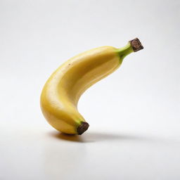 A ripe, yellow banana against a white background, with brilliant detail showcasing the texture of its peel.