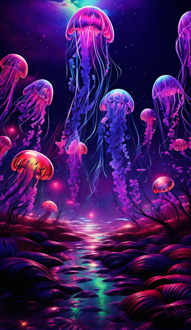 Hyperrealistic surreal forest landscape with floating jellyfish in a cyberpunk colour style.