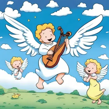 In the cartoon, the character's death was depicted with comedic exaggeration, with angels playing harps and fluffy clouds all around.
