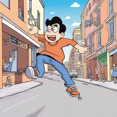 In the cartoon, the main character narrowly escapes death multiple times.