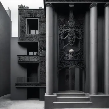 The architect incorporated symbolism of death into the design of the building, using dark colors and skeletal motifs.