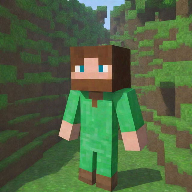 A normal Minecraft player with a green pixelated costume, brown hair, and cube-shaped head standing in a blocky Minecraft environment.