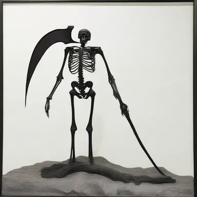 The art piece depicts death as a skeletal figure with a scythe, symbolizing its role as the bringer of the end of life.