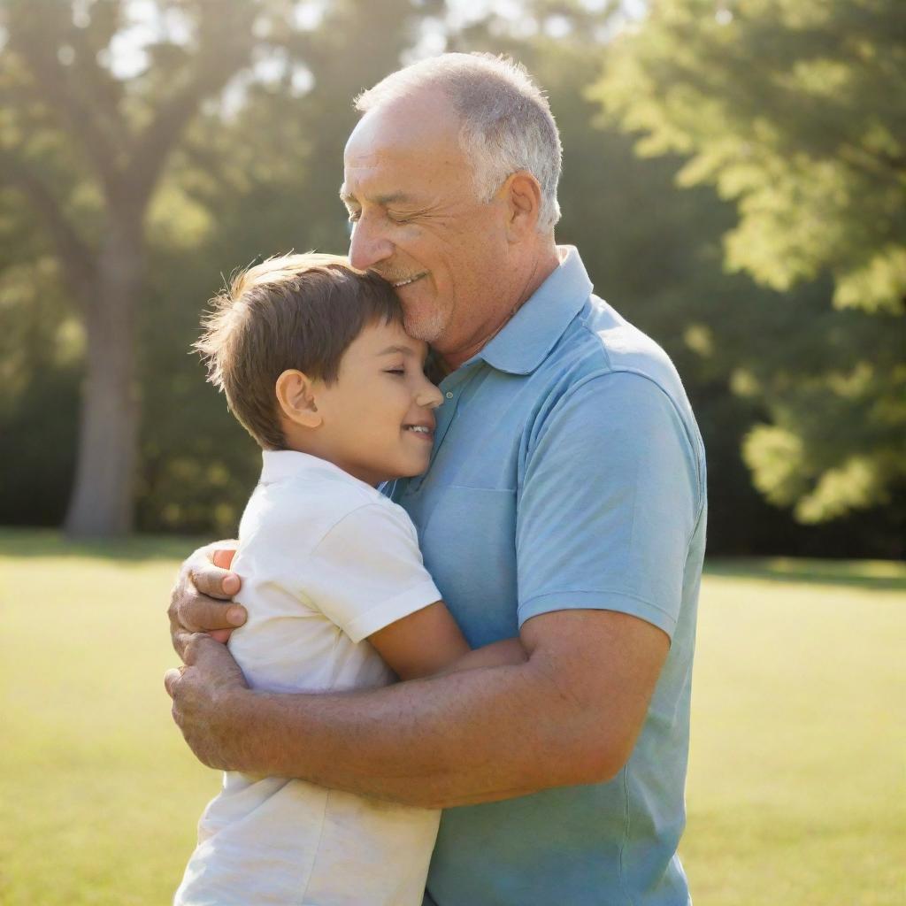 A heartfelt scene of a father showing affection to his child, embracing them in a warm, loving hug with a backdrop of a serene, sunny day.