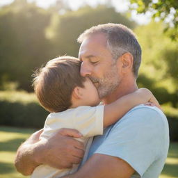 A heartfelt scene of a father showing affection to his child, embracing them in a warm, loving hug with a backdrop of a serene, sunny day.