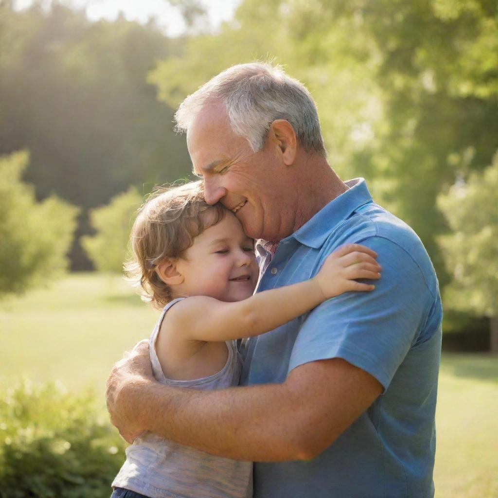 A heartfelt scene of a father showing affection to his child, embracing them in a warm, loving hug with a backdrop of a serene, sunny day.