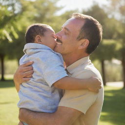 A heartfelt scene of a father showing affection to his child, embracing them in a warm, loving hug with a backdrop of a serene, sunny day.