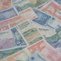 A close-up, highly detailed image of crisp, fresh banknotes from various currencies stacked evenly.