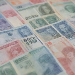 A close-up, highly detailed image of crisp, fresh banknotes from various currencies stacked evenly.