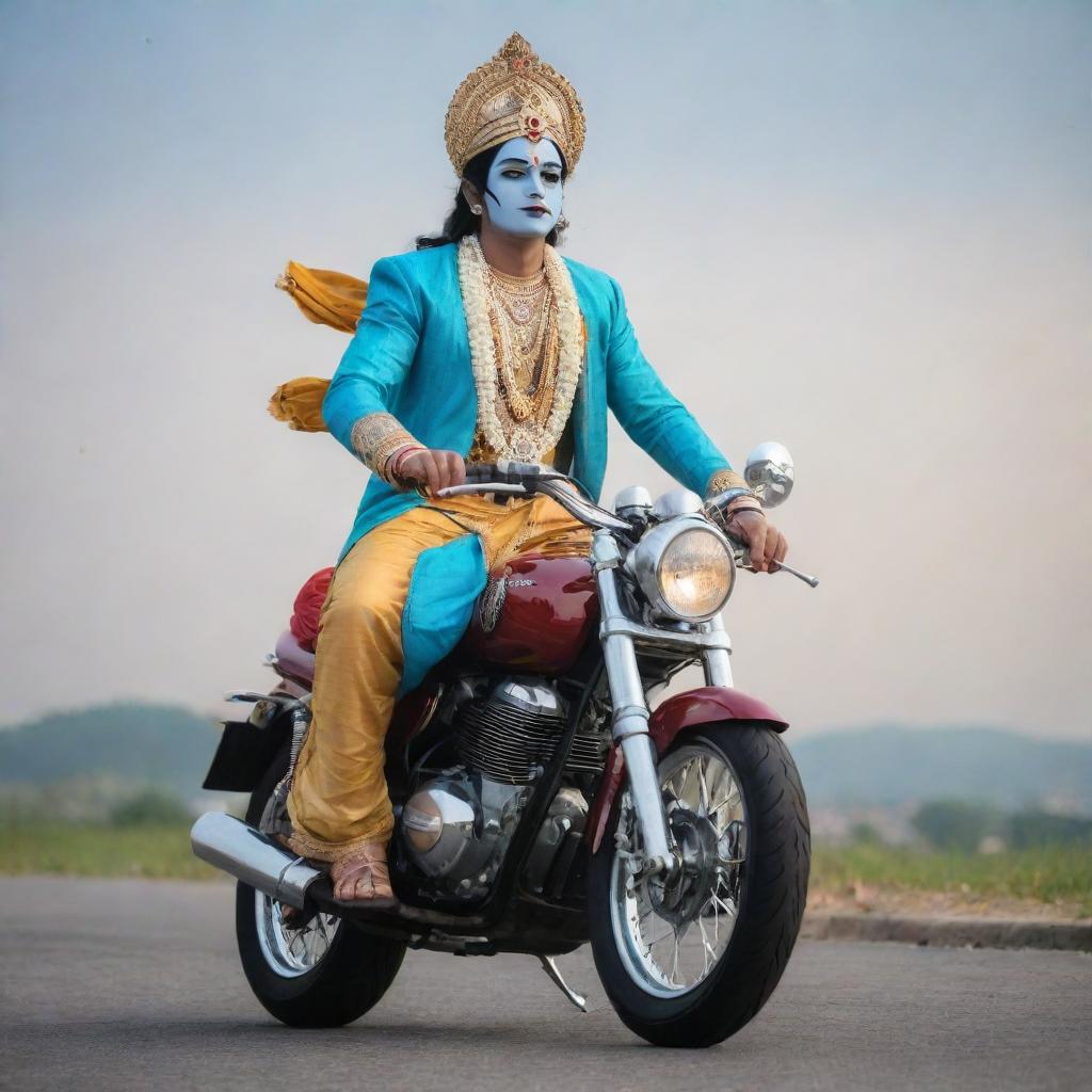 Lord Krishna in traditional attire, riding on a modern motorcycle with a calm and serene background.