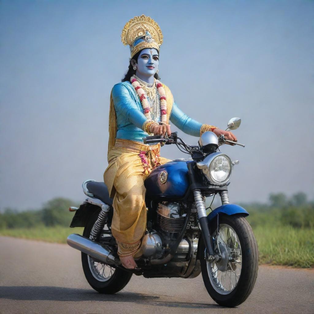 Lord Krishna in traditional attire, riding on a modern motorcycle with a calm and serene background.