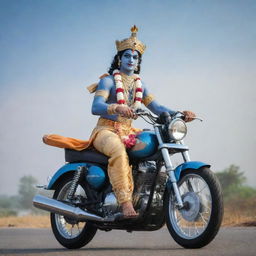 Lord Krishna in traditional attire, riding on a modern motorcycle with a calm and serene background.