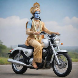 Lord Krishna in traditional attire, riding on a modern motorcycle with a calm and serene background.