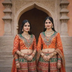 Two identical twins dressed in traditional Gujarati attire, striking a pose against a backdrop that reflects Gujarati culture, vibrant with colors, patterns and architectural elements of Gujarat.